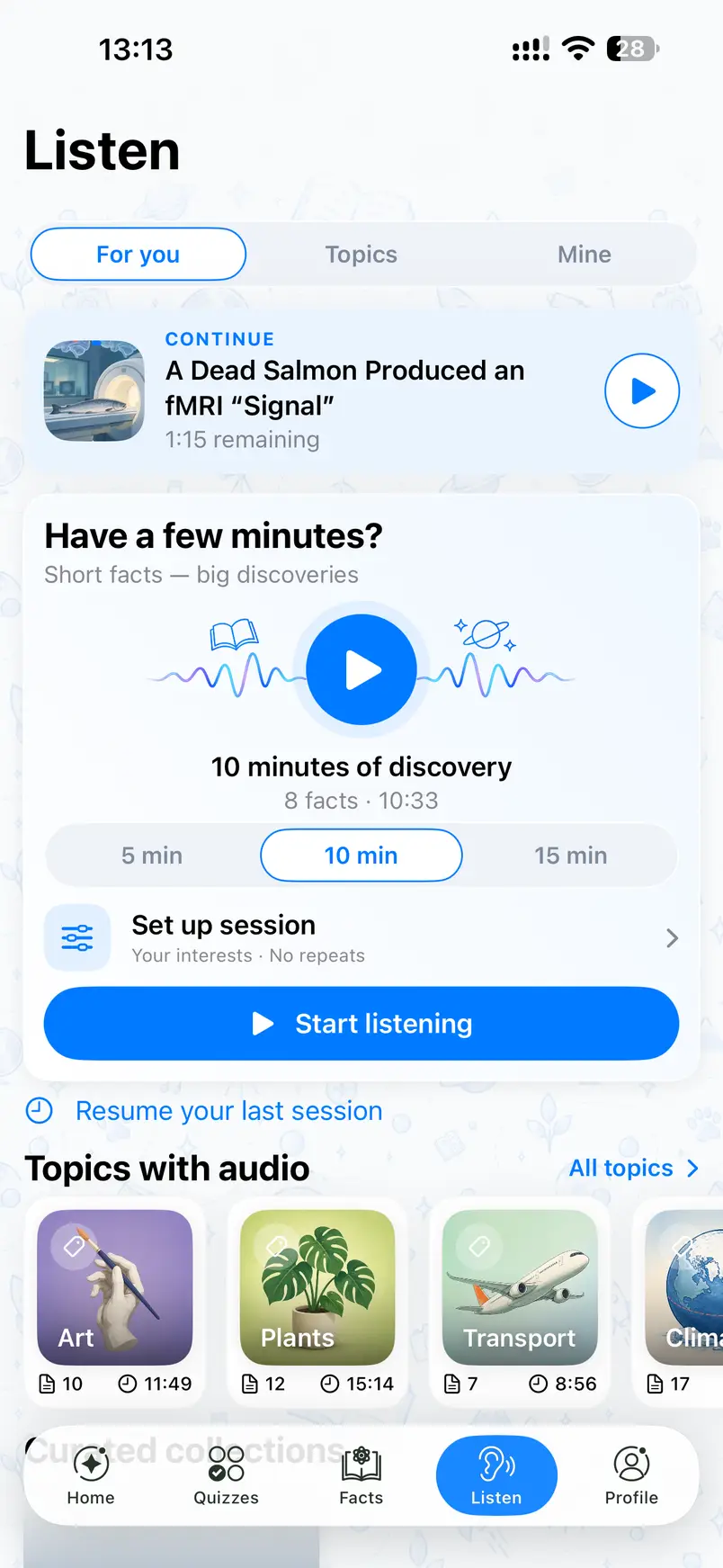 BeSmart’s audio screen with five, ten and fifteen-minute session options and topic cards