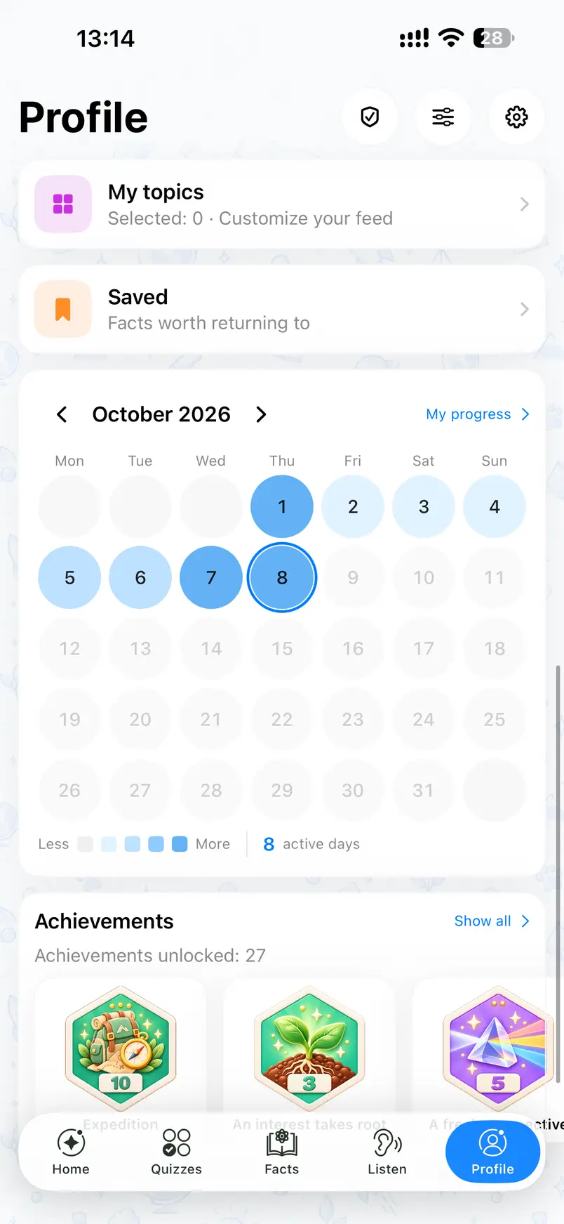 BeSmart’s profile on iPhone with saved facts, eight active days in the activity calendar and achievements