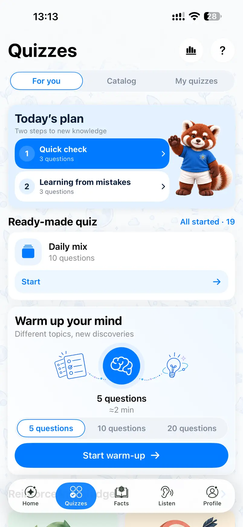 BeSmart’s quiz screen with a daily plan, a red panda and a configurable five-question warm-up