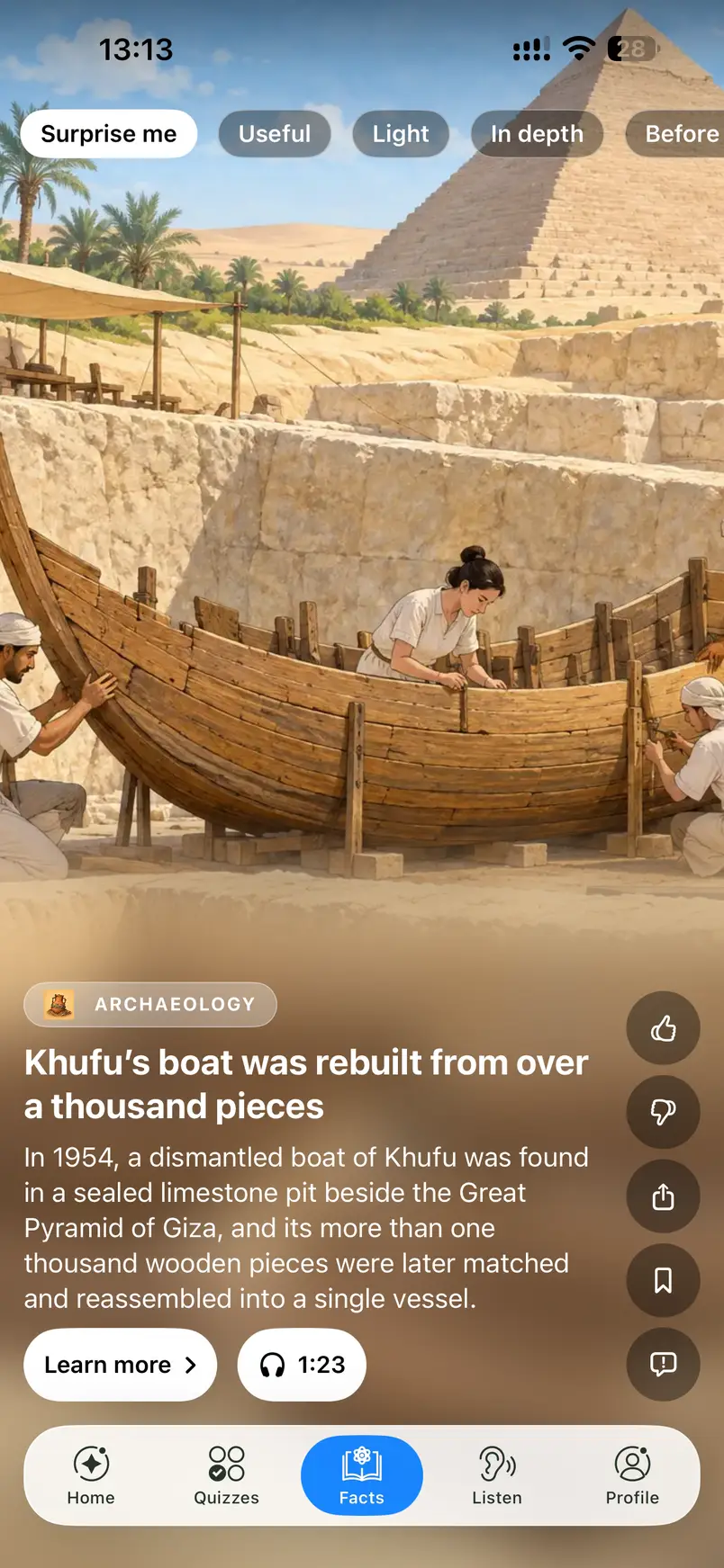 BeSmart’s full-screen fact feed on iPhone, with an illustrated story about rebuilding Khufu’s boat and controls for saving, reacting and sharing